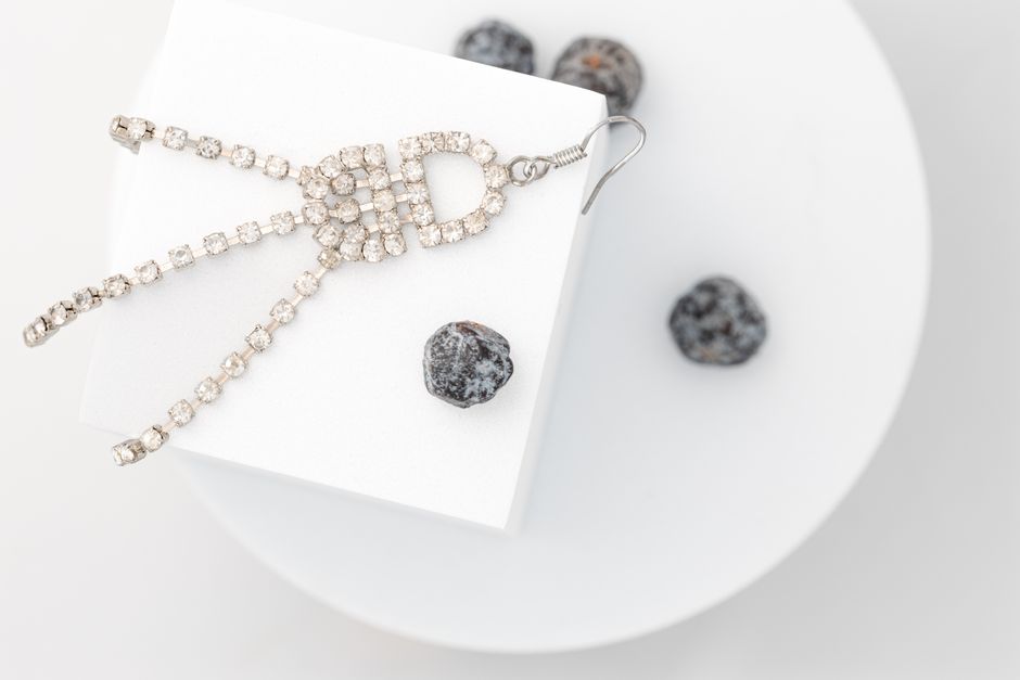 A close-up of an elegant diamond earring on a sleek white surface with dried berries.