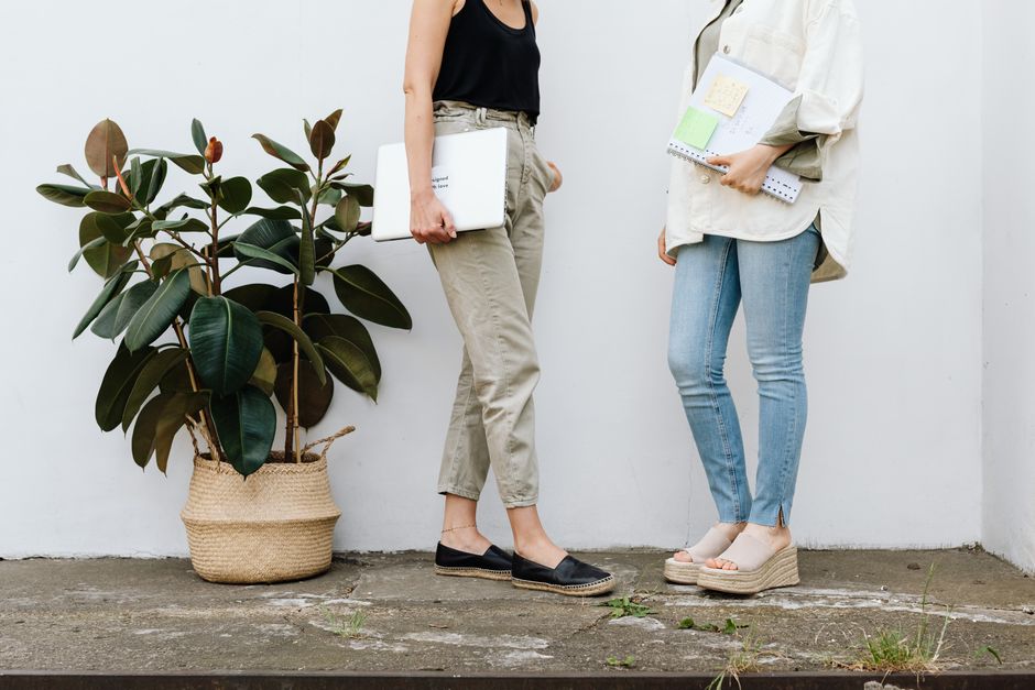 Two women standing casually, holding documents, beside a potted plant, indoors.