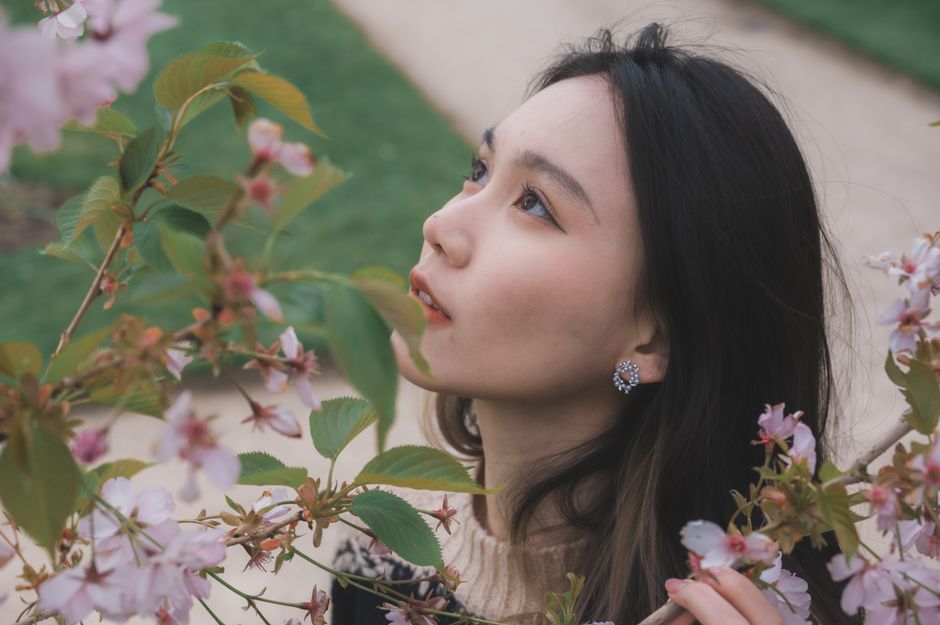 Close-up portrait of a woman with cherry blossoms in spring, looking upwards gracefully.